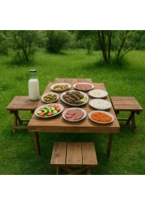 4 Tabureli Katlanır Bavul Piknik Bahçe Balkon Masa Takımı - Katlanır Kamp Masa Takımı - Ceviz